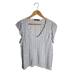 Blouse White Striped Size Large Rayon Cotton Blend Ruffled Sleeve Black Tape